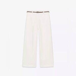 Zara White Wide-Leg Pants with Brown Braided Belt